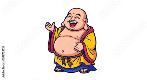 Happy Buddha Laughing Cartoon Character, Welcoming Gesture, Good Fortune Symbol