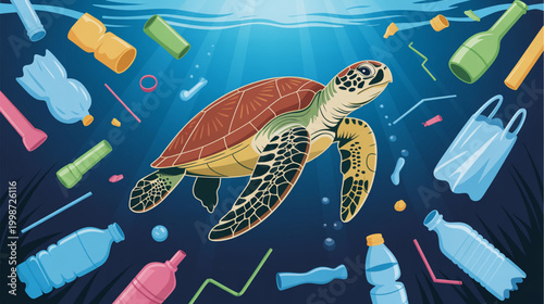 Sea turtle, ocean pollution, plastic waste, marine life, conservation isolated on Transparent Background