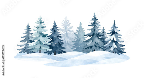 winter watercolor landscape, snowy pine forest, christmas tree scenery, cold nature illustration, snow covered trees, festive winter background, watercolor forest painting, frozen woodland scene, holi