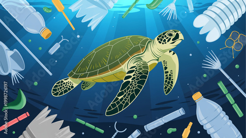 Sea turtle, ocean pollution, plastic waste, marine life, eco issue isolated on Transparent Background