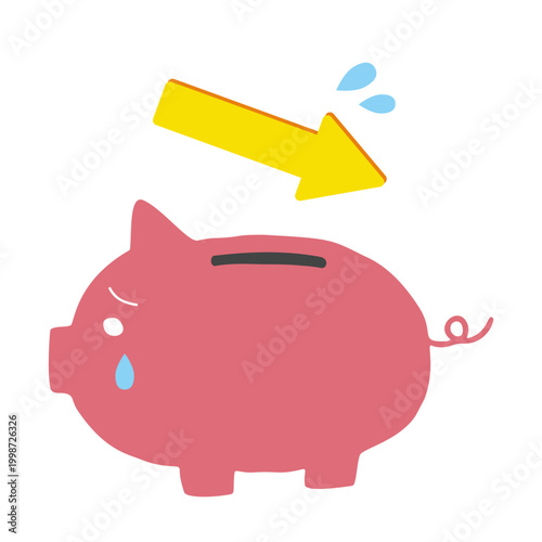 Piggy bank with downward arrow　豚の貯金箱と右下がりの黄色い矢印　貯蓄の減少や損失のイメージ