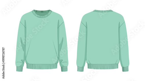 Mint Green Oversized Crew Neck Sweatshirt Vector Illustration Front and Back View Technical Mockup for Fashion Design