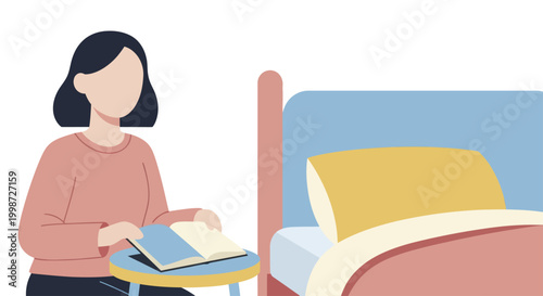 Woman reading a book next to a bed.