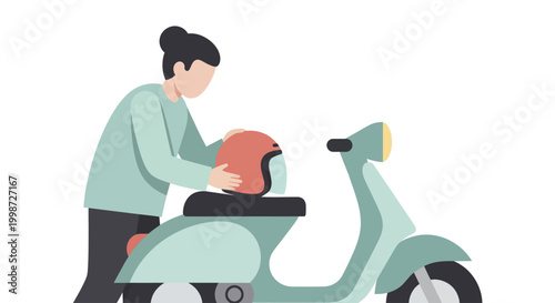 Woman preparing to ride a scooter, placing a helmet on the seat.