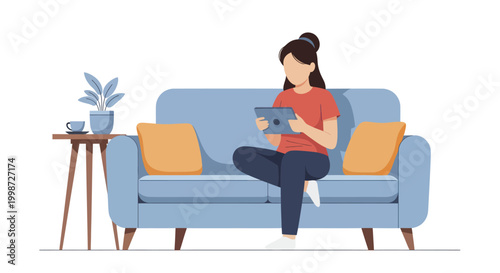 Woman Relaxing on Sofa Using Tablet for Leisure and Entertainment.