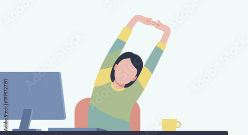 Woman stretching at desk to relieve tension and improve posture.