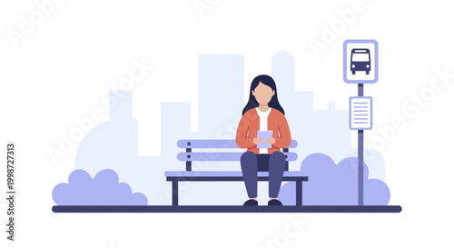 Young woman sitting on a bench at a bus stop.
