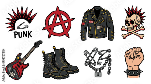 A set of vibrant punk rock themed illustrations featuring iconic symbols including an anarchy sign, studded leather jacket, guitar, skull with mohawk, chains, safety pins, and a rebel fist design.