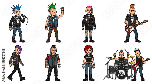 Diverse punk characters with mohawk hairstyles and rebellious fashion are depicted in a stylized, animated illustration featuring musicians and singers.