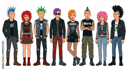 A vibrant group of cartoon punk rock characters are depicted standing together, showcasing their diverse and rebellious fashion styles with colorful mohawks and studded accessories.