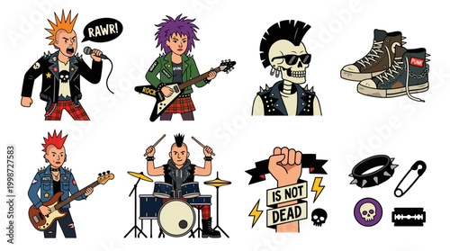 punk rock musicians, drummers, guitarists, singers, skeletons, and accessories like spiked collars, razor blades, and safety pins in a stylized illustration