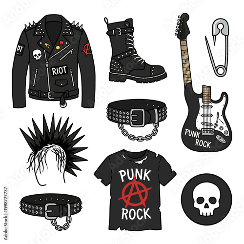 A collection of various iconic punk rock fashion accessories and music elements, including a leather jacket, boots, studded belts, a guitar, and a mohawk.