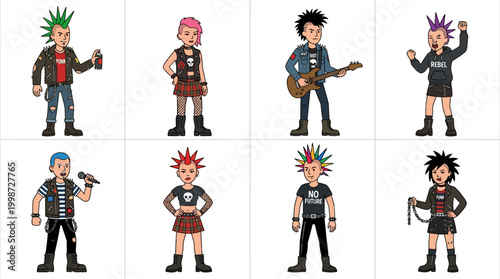 Collection of diverse punk characters showcasing unique mohawk hairstyles, rebellious attire, and iconic punk accessories like spray cans, microphones, and guitars.