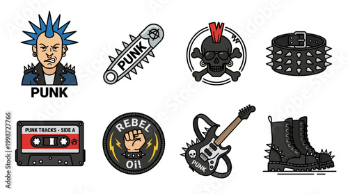 A diverse collection of iconic punk rock fashion accessories