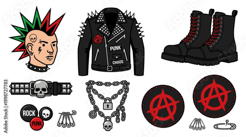 Punk rock icons including a spiky mohawk head, studded leather jacket, combat boots, skull belt, chains, and anarchy patches for rebellious style