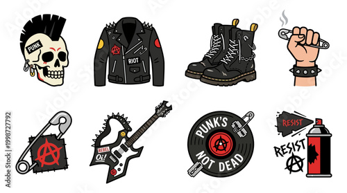 A collection of various iconic punk rock fashion accessories 