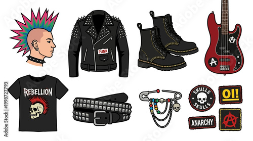 A collection of various iconic punk rock fashion accessories 