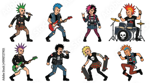 Eight diverse punk rock characters including musicians playing electric guitars and drums plus singers and a skater all styled with mohawks leather jackets and vibrant colored hair in cartoon fashion.