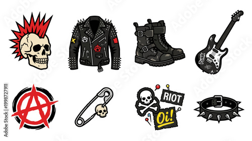Collection of iconic punk rock symbols including a spiked jacket, mohawk skull, combat boots, anarchy sign, and electric guitar.