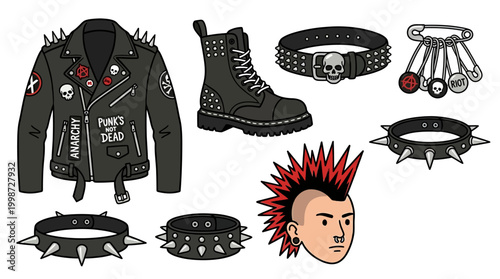 Iconic punk rock style elements including spiked jacket, boots, chokers, and mohawk hairstyle