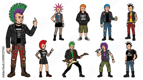 A diverse collection of cartoon punk rock characters illustrating the vibrant subculture with iconic fashion styles and rebellious attitudes.