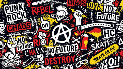 This dynamic and rebellious punk rock graffiti pattern features bold typography and iconic symbols representing counter-culture and anarchy.
