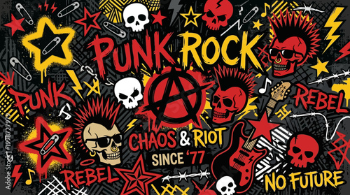 Vibrant punk rock music wallpaper featuring iconic skulls mohawks guitars anarchy symbols and graffiti art style rebellious graphic elements