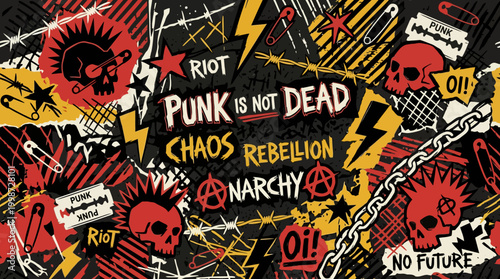 Punk rock collage design featuring skulls, safety pins, barbed wire, lightning bolts, and protest slogans