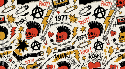 This energetic seamless pattern features a collection of vintage punk rock elements perfect for rebellious designs and alternative backgrounds.