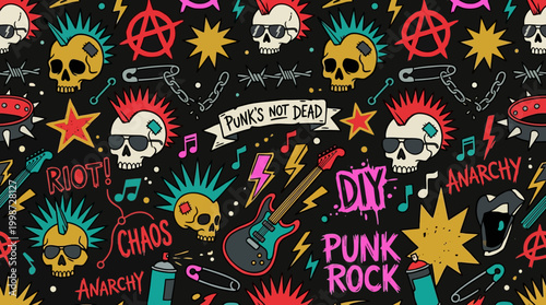 Vibrant punk rock skull and electric guitar pattern with anarchy symbols, safety pins, and music notes