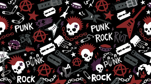 A dynamic seamless pattern features punk rock icons like skulls, guitars, anarchy symbols, and razor blades