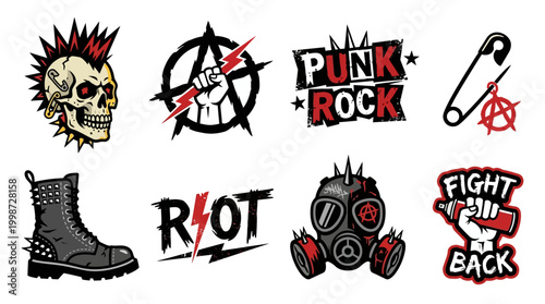 A collection of bold punk rock and anarchy vector illustrations showcasing rebellious subculture symbols and protest elements for graphic design.