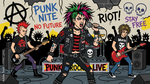 A vibrant cartoon illustration depicts an energetic punk rock band performing live on stage with a powerful female vocalist.
