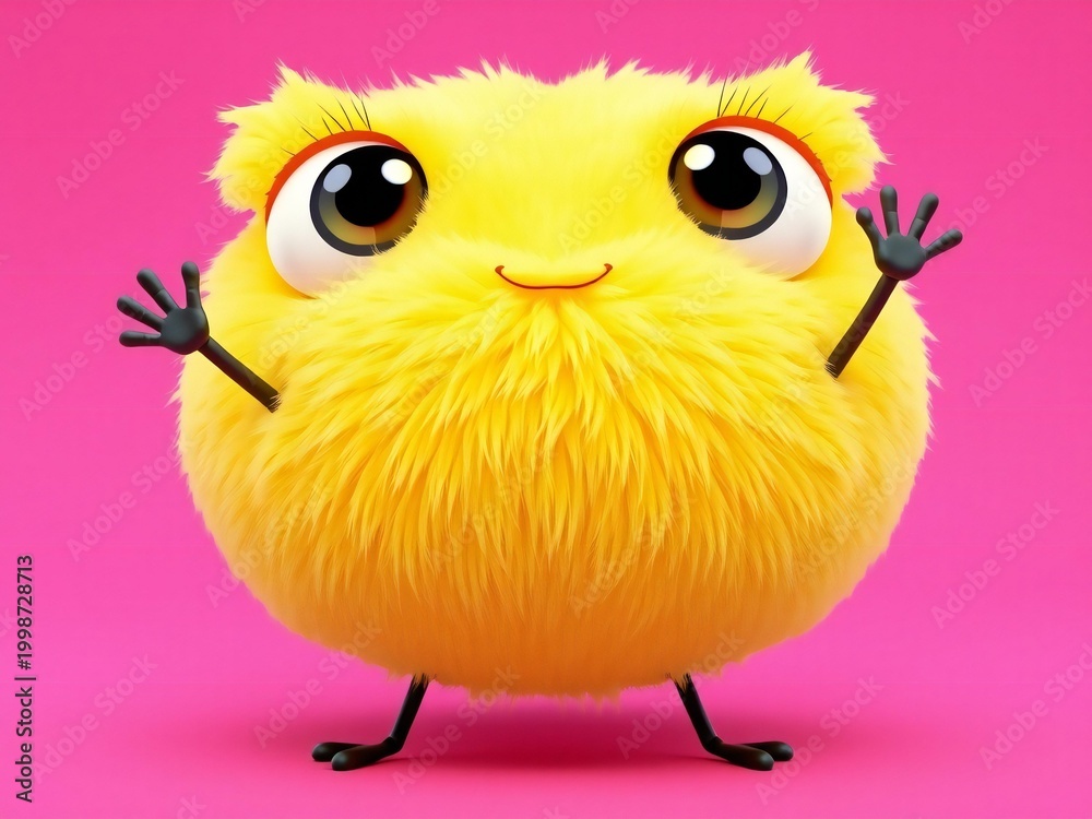 Fototapeta premium A cheerful yellow creature with big eyes and tiny arms waving happily