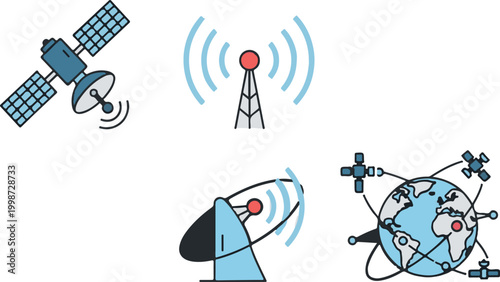 Satellite communication vector icons set, global network technology symbols, telecommunication antenna and space satellite equipment illustrations