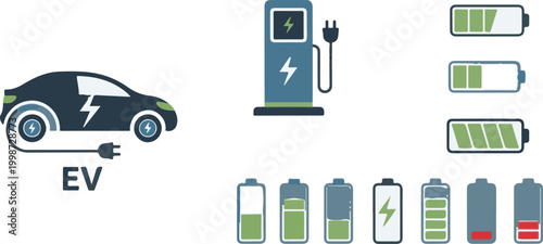 Electric vehicle charging icons set, EV car with plug and battery level indicators, green energy power station vector elements for sustainable transport