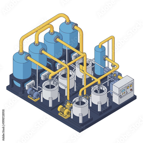 Isometric Industrial Plant with Tanks and Pipes for Chemical Processing.