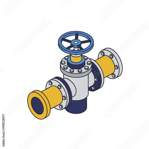 Isometric Industrial Valve with Flanges and Handwheel for Pipeline System.