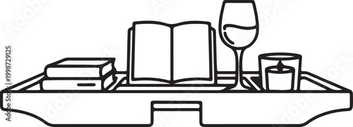 Bathtub caddy tray with book and wine glass illustration relaxation bathroom selfcare wellness lifestyle minimalist illustration isolated interior accessory tranquility