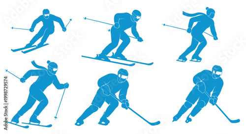 Winter sports silhouettes: skiing, ice skating, and ice hockey.