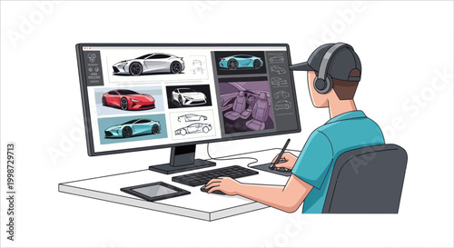 Designer works on car concept using digital tools.