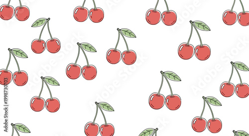 Cherries with green leaves attached closely.