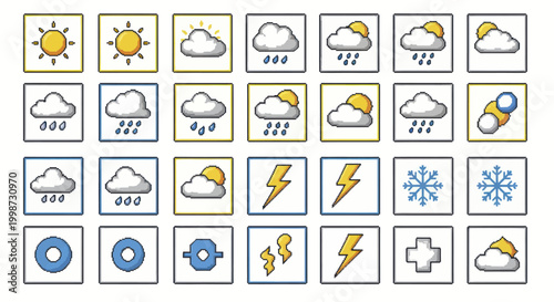 Comprehensive set of weather forecast icons for various conditions.