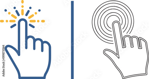 Hand cursor clicking icons with touch effects and ripples vector isolated on white background