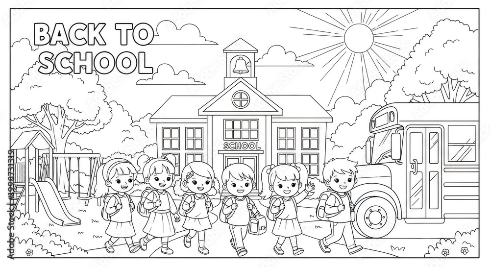 Obraz premium Children happily walking towards school building and bus carrying backpacks on sunny day with playground elements and clouds in the background