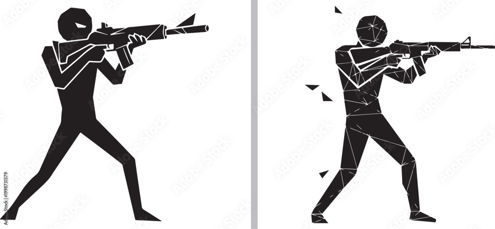 Obraz premium Soldier silhouettes holding rifles isolated on white background geometric low poly vector illustration