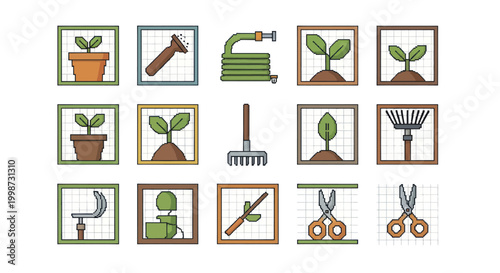 Gardening tools and potted plants in a grid of squares.