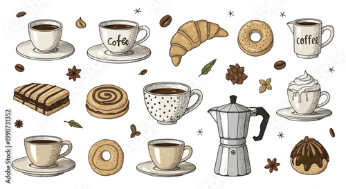 Hand drawn coffee and pastry set with cups, croissants, donuts, and cakes.