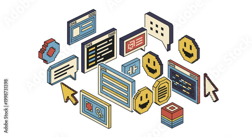 Isometric Digital Interface Elements and Social Media Icons.