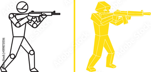 Soldier figures aiming rifles in line art and low poly styles isolated on white background vector illustration